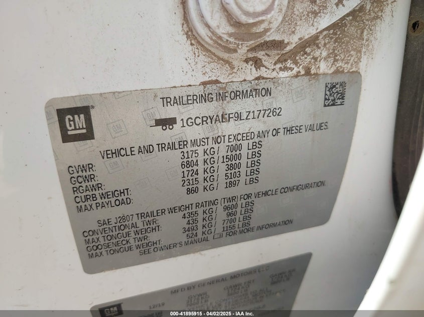 2020 CHEVROLET SILVERADO VIN: 1GCRYAEF9LZ177262