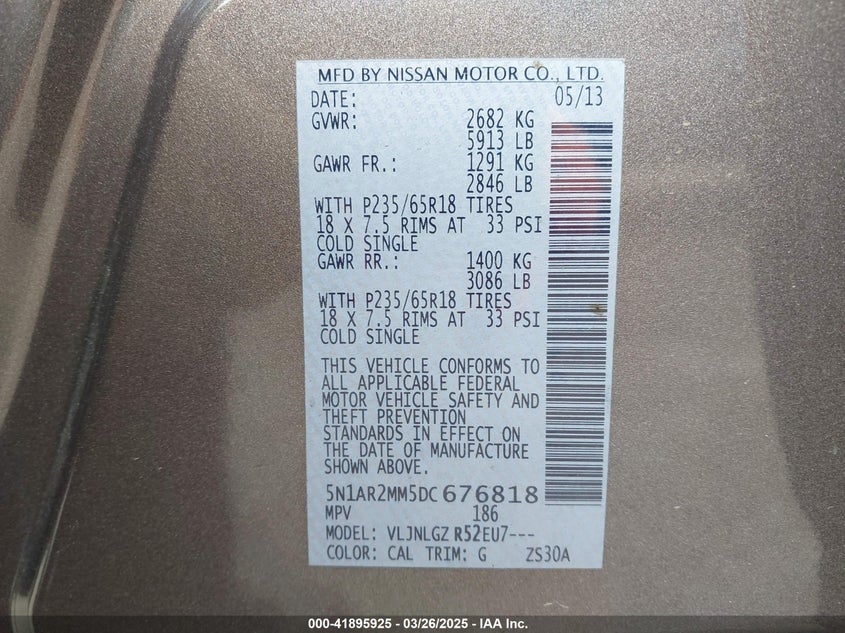 2013 Nissan Pathfinder Sl VIN: 5N1AR2MM5DC676818 Lot: 41895925