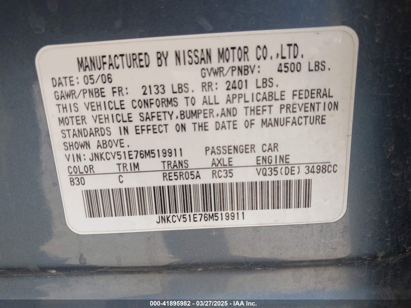 2006 INFINITI G35 VIN: JNKCV51E76M519911