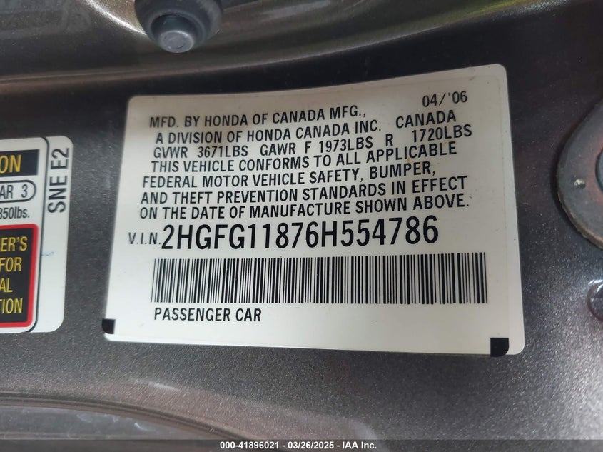 2006 HONDA CIVIC VIN: 2HGFG11876H554786