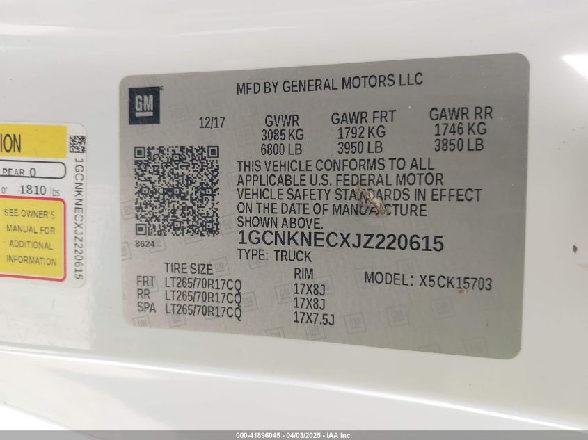 2018 Chevrolet Silverado 1500 Wt VIN: 1GCNKNECXJZ220615 Lot: 41896045