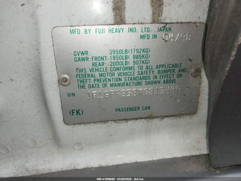 1998 Subaru Impreza Outback Sport VIN: JF1GF4858WG813449 Lot: 41896060