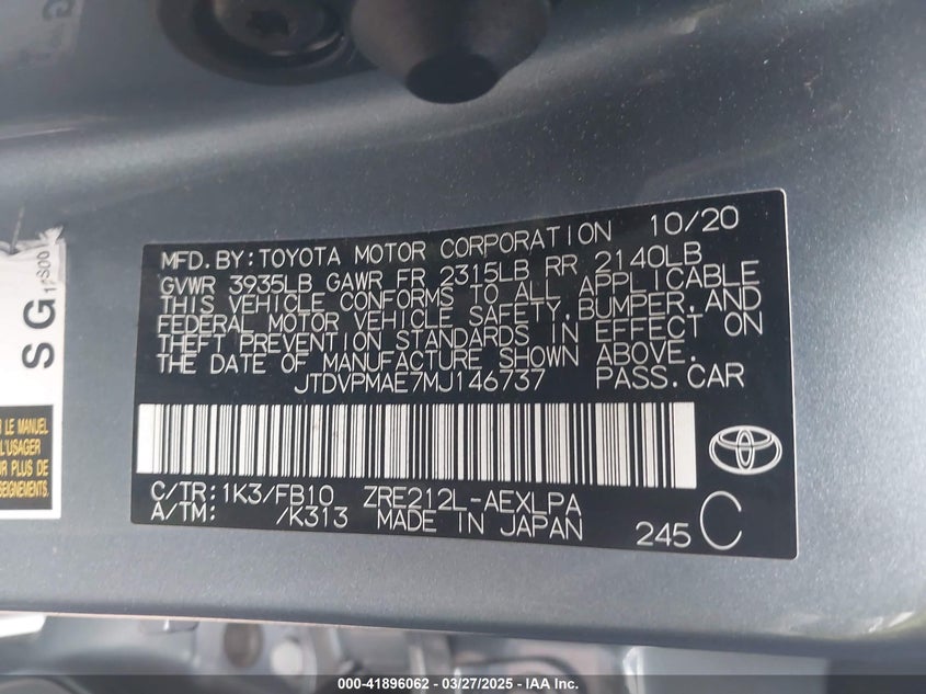 2021 TOYOTA COROLLA VIN: JTDVPMAE7MJ146737