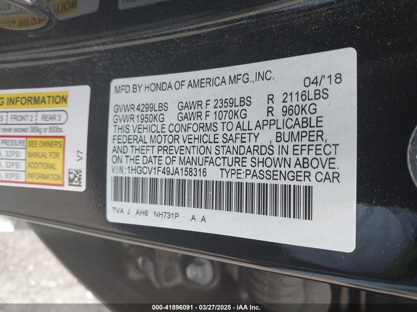 2018 HONDA ACCORD VIN: 1HGCV1F49JA158316