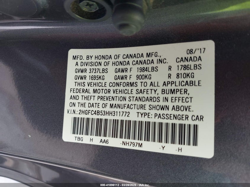 2017 HONDA CIVIC VIN: 2HGFC4B53HH311772