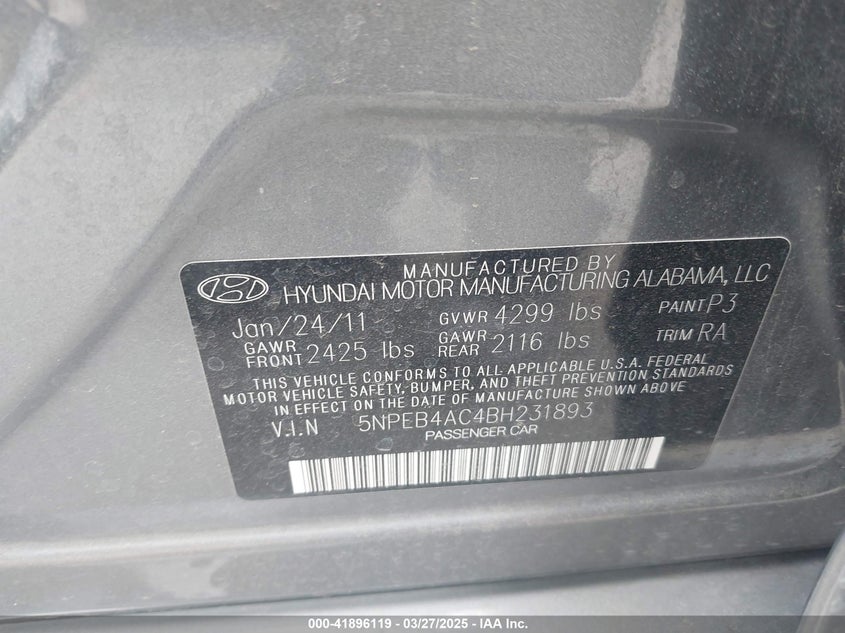 2011 HYUNDAI SONATA VIN: 5NPEB4AC4BH231893