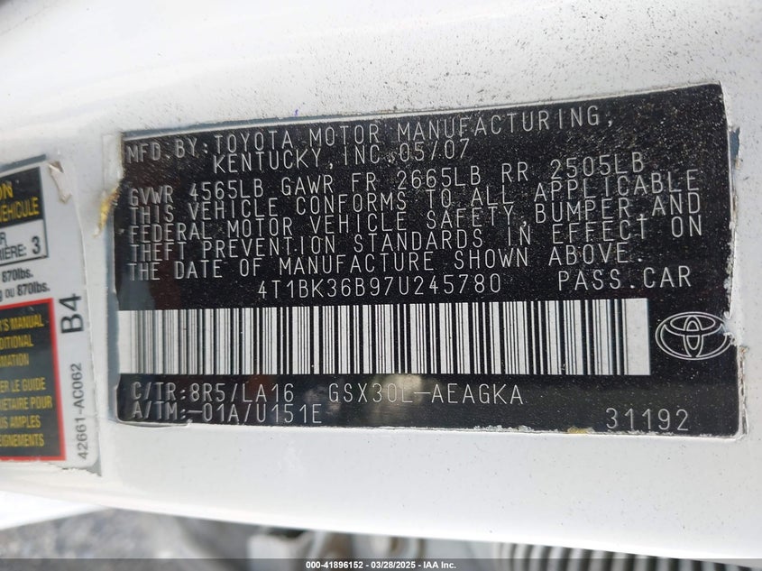 2007 TOYOTA AVALON VIN: 4T1BK36B97U245780