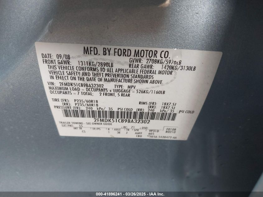 2009 Ford Flex Se VIN: 2FMDK51C89BA32302 Lot: 41896241