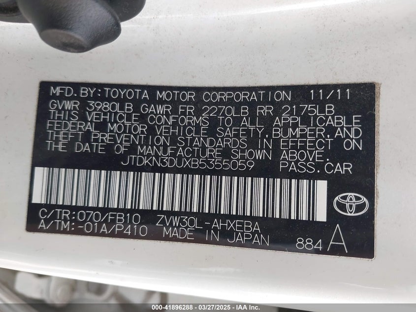 2011 TOYOTA PRIUS VIN: JTDKN3DUXB5355059