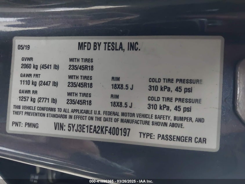 2019 TESLA MODEL 3 VIN: 5YJ3E1EA2KF400197