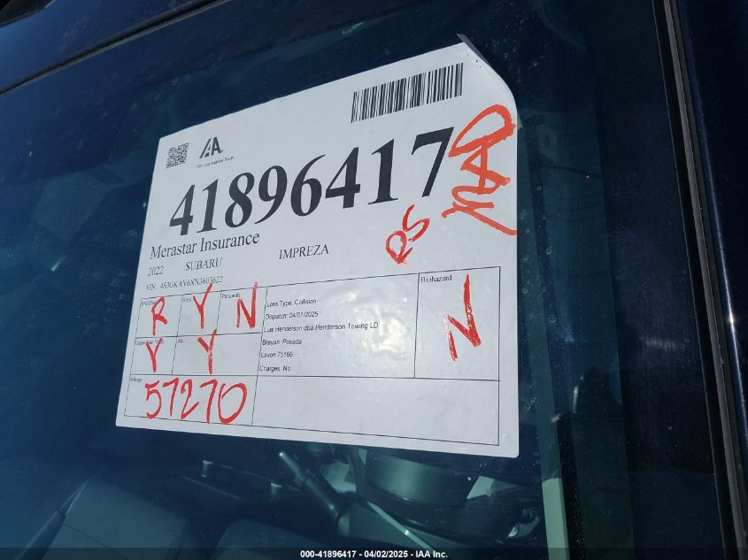 2022 Subaru Impreza Premium VIN: 4S3GKAV6XN3603622 Lot: 41896417