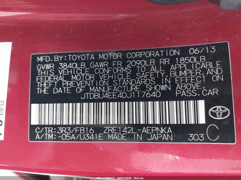 2013 TOYOTA COROLLA VIN: JTDBU4EE4DJ117640