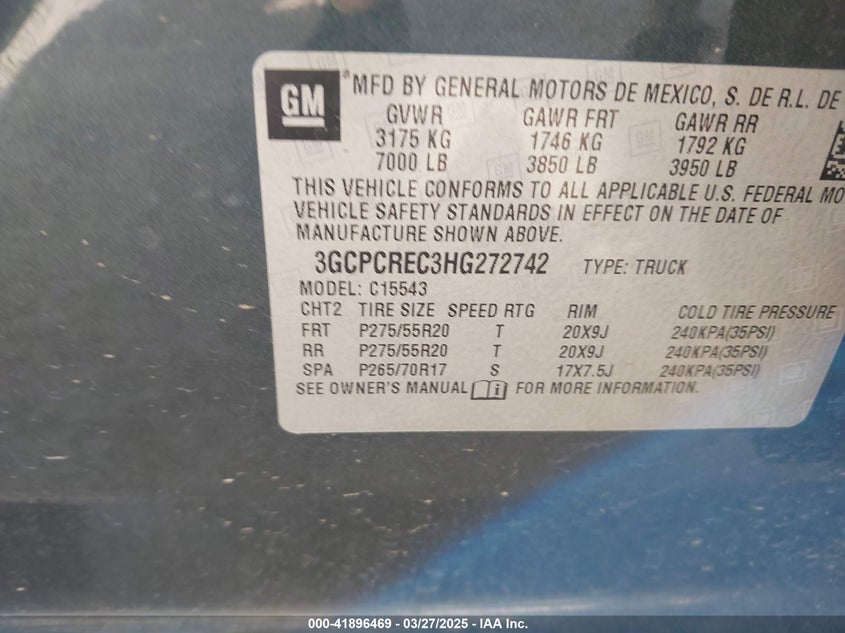 2017 CHEVROLET SILVERADO 1500 VIN: 3GCPCREC3HG272742