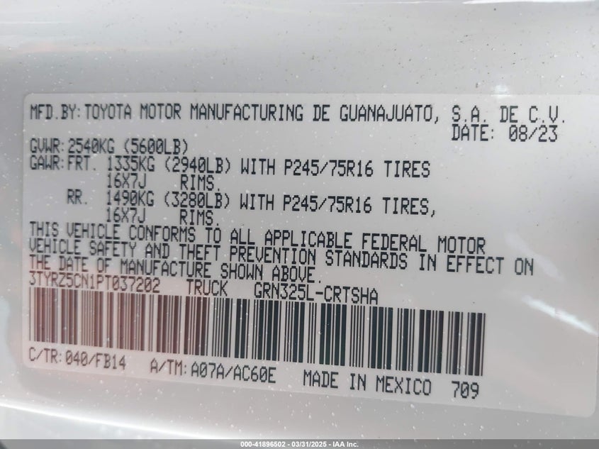 2023 TOYOTA TACOMA VIN: 3TYRZ5CN1PT037202