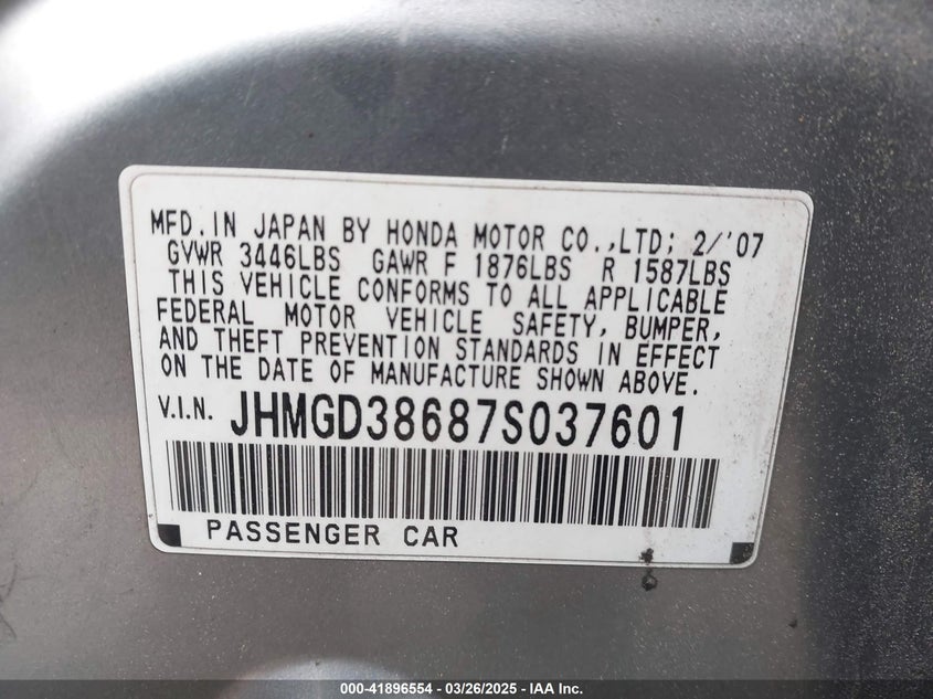 2007 HONDA FIT VIN: JHMGD38687S037601