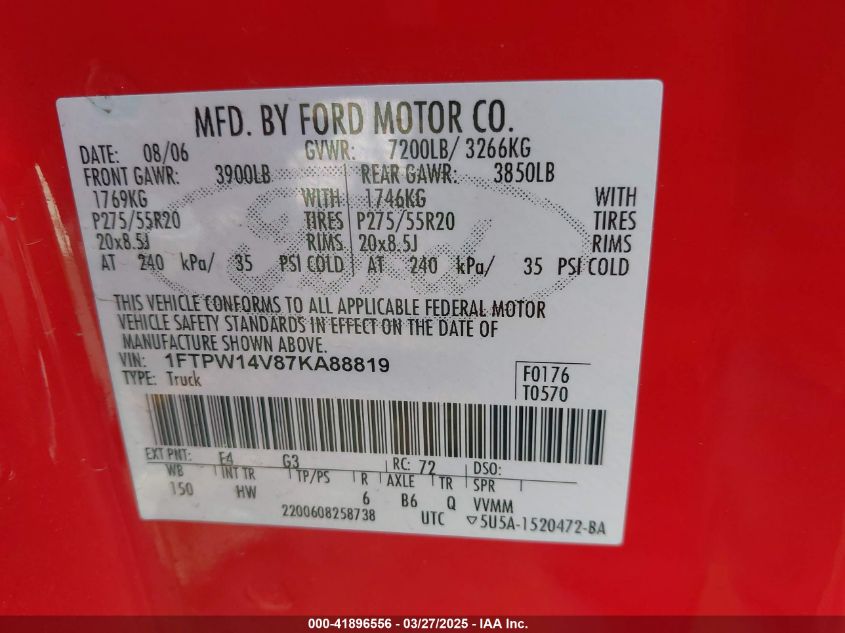 2007 Ford F-150 Fx4/Lariat/Xlt VIN: 1FTPW14V87KA88819 Lot: 41896556