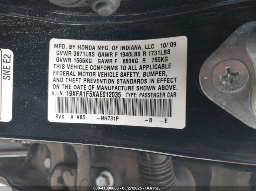 2010 Honda Civic Lx VIN: 19XFA1F5XAE012035 Lot: 41896606