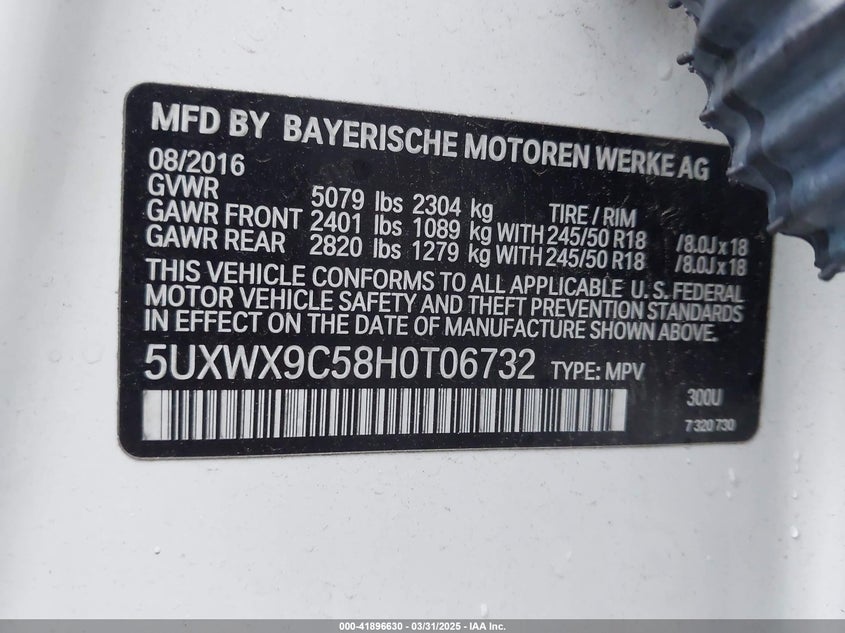 2017 BMW X3 VIN: 5UXWX9C58H0T06732