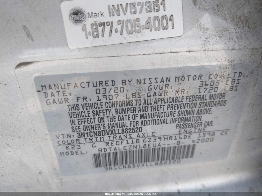 2020 NISSAN VERSA VIN: 3N1CN8DVXLL882520
