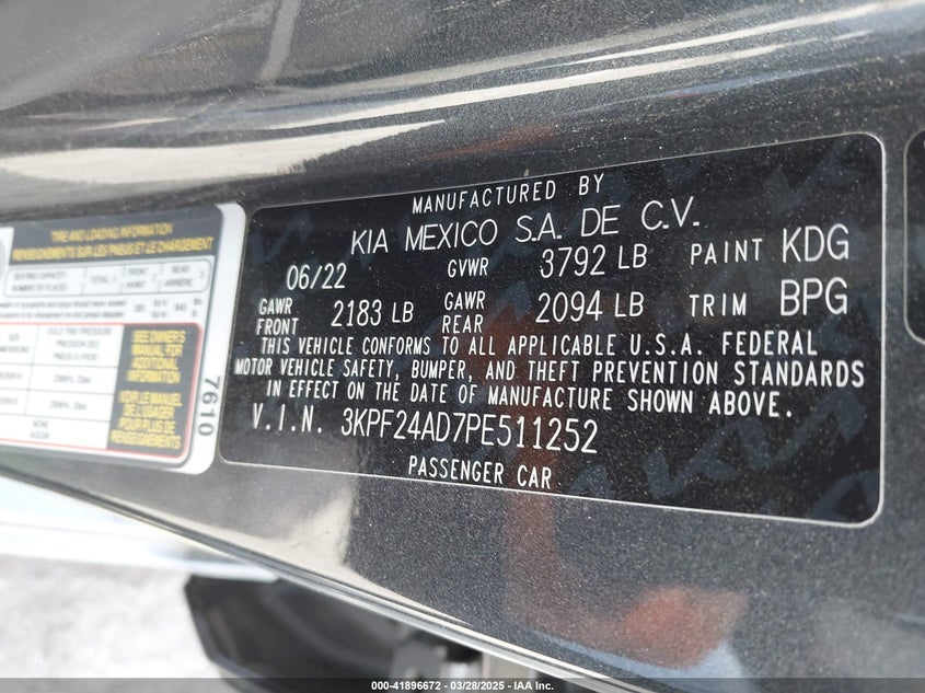 2023 KIA FORTE VIN: 3KPF24AD7PE511252