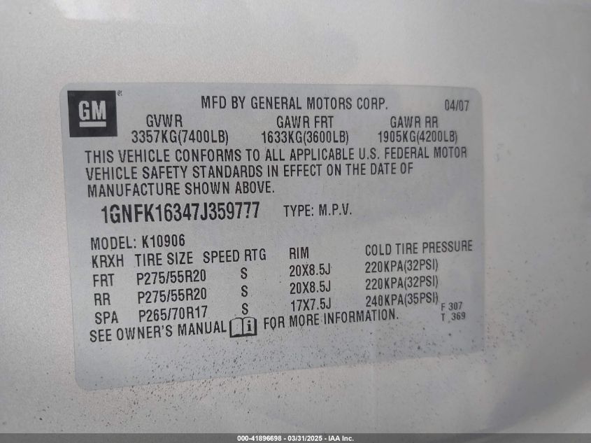 2007 Chevrolet Suburban 1500 Ltz VIN: 1GNFK16347J359777 Lot: 41896698