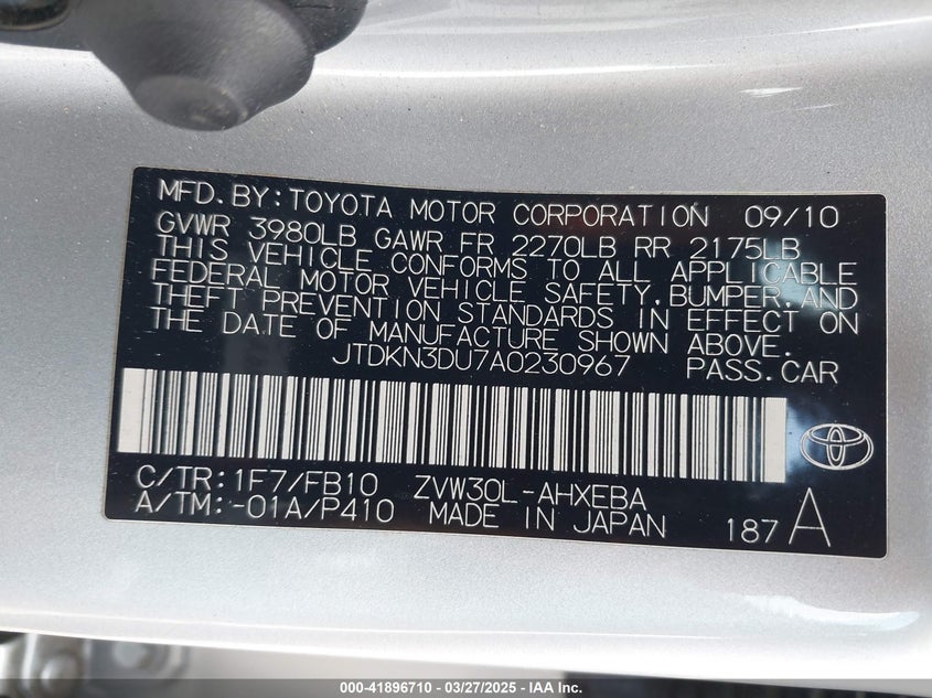 2010 TOYOTA PRIUS VIN: JTDKN3DU7A0230967