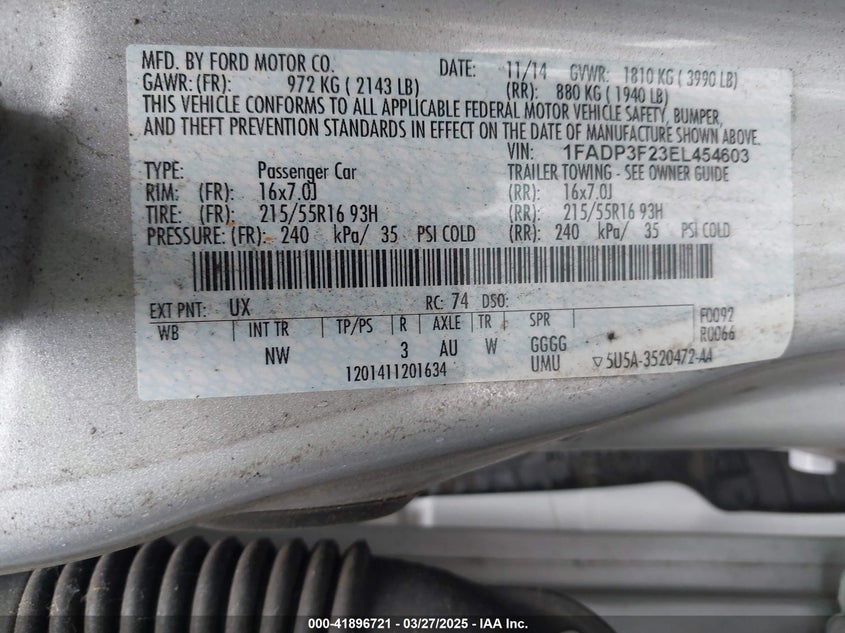 2014 FORD FOCUS VIN: 1FADP3F23EL454603