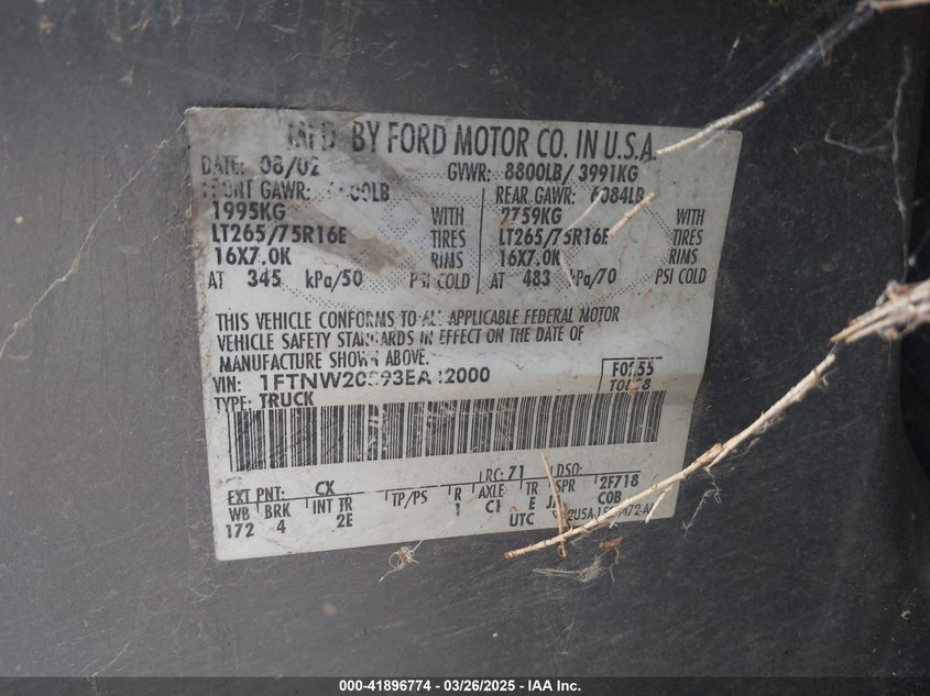 2003 Ford F-250 Lariat/Xl/Xlt VIN: 1FTNW20S93EA42000 Lot: 41896774