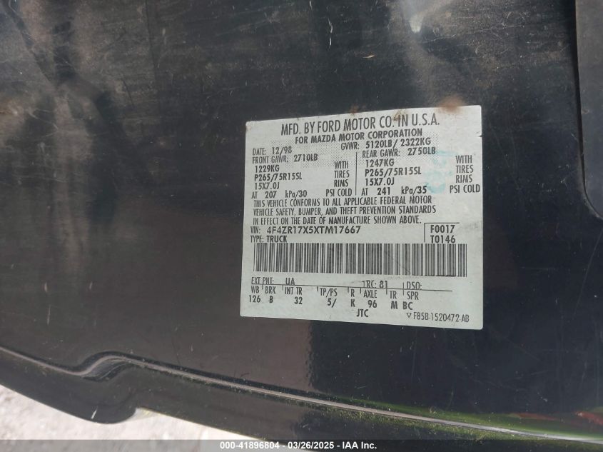 1999 Mazda B4000 Se/Tl VIN: 4F4ZR17X5XTM17667 Lot: 41896804