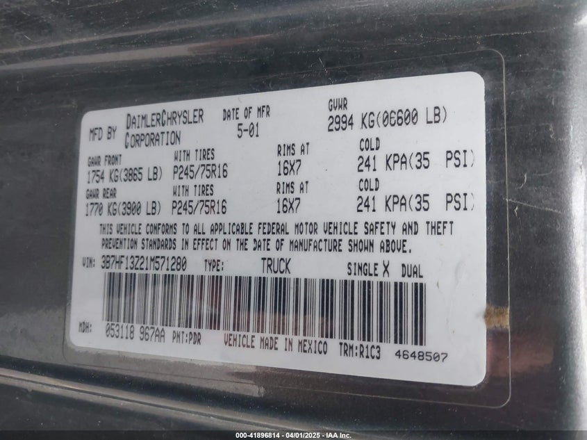 2001 Dodge Ram 1500 St VIN: 3B7HF13Z21M571280 Lot: 41896814