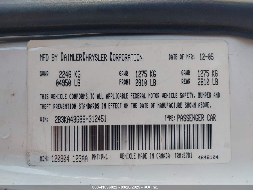 2006 DODGE CHARGER VIN: 2B3KA43G86H312451