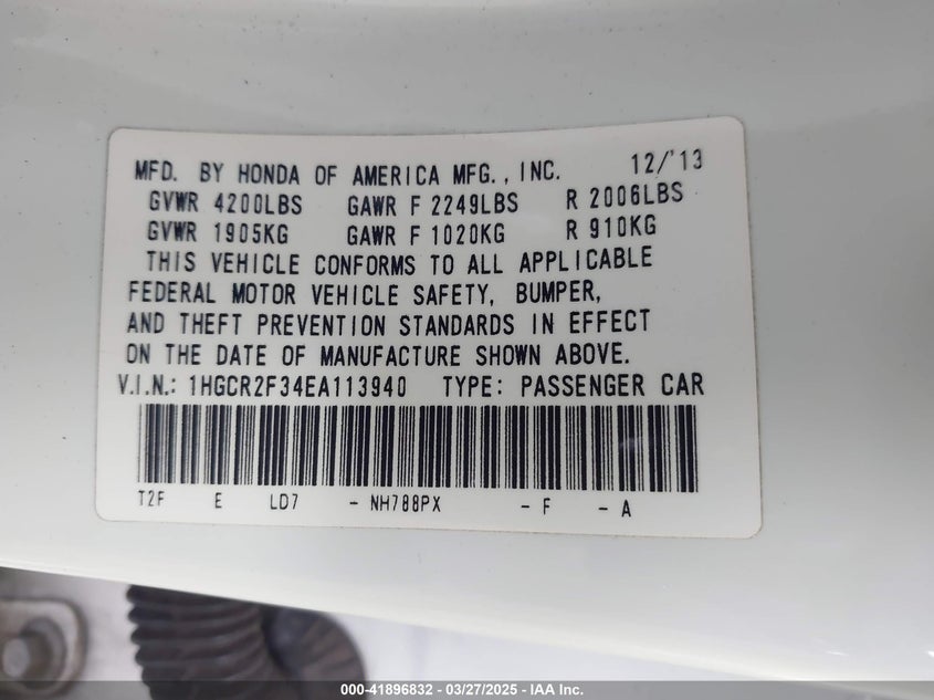 2014 HONDA ACCORD VIN: 1HGCR2F34EA113940