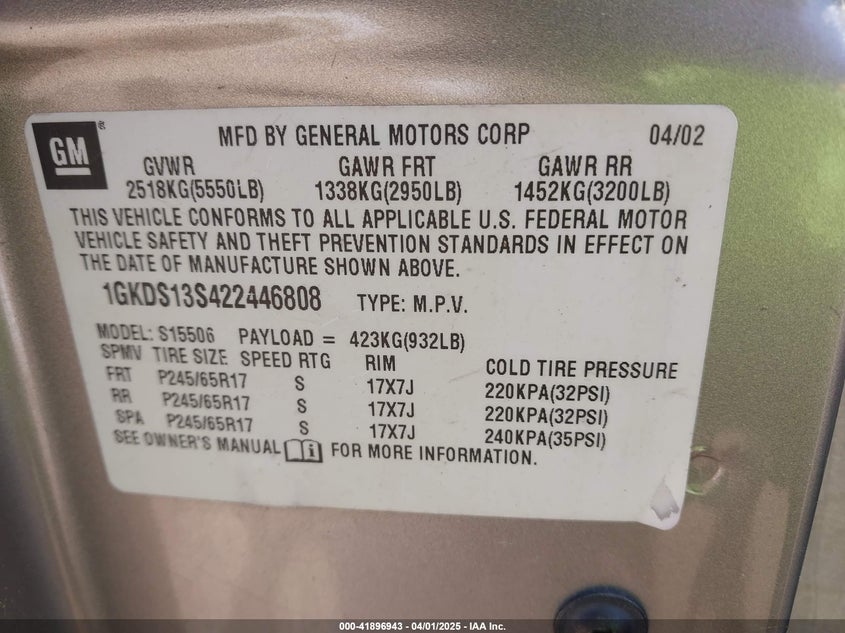 2002 GMC Envoy Slt VIN: 1GKDS13S422446808 Lot: 41896943