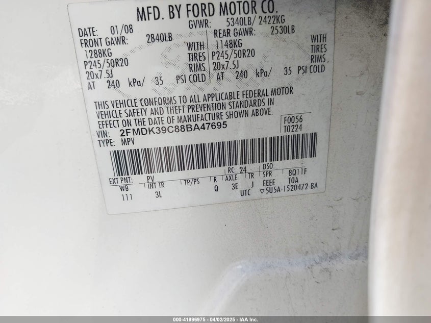 2008 FORD EDGE VIN: 2FMDK39C88BA47695