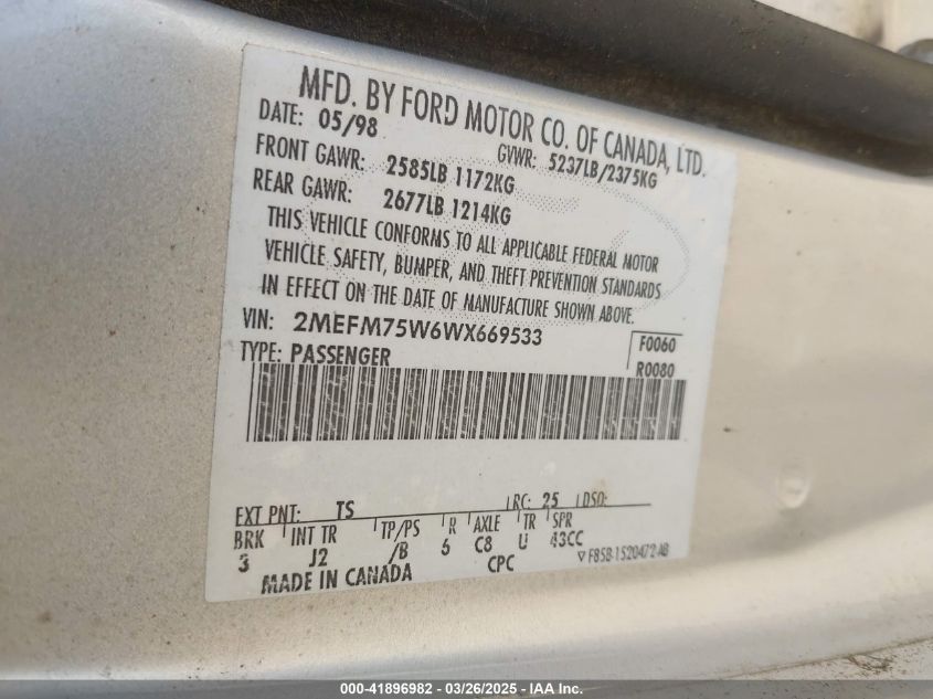 1998 Mercury Grand Marquis VIN: 2MEFM75W6WX669533 Lot: 41896982