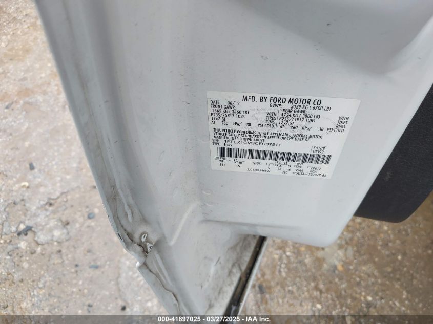 2012 Ford F-150 Xl VIN: 1FTEX1CM3CFC37511 Lot: 41897025