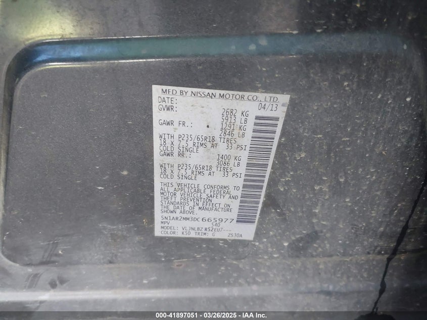2013 NISSAN PATHFINDER VIN: 5N1AR2MM3DC665977