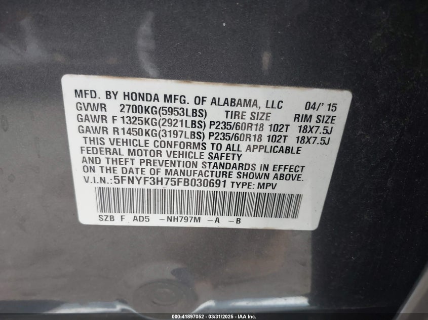 2015 HONDA PILOT EX-L - 5FNYF3H75FB030691