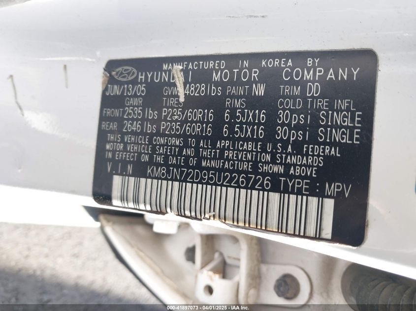 2005 Hyundai Tucson Gls/Lx VIN: KM8JN72D95U226726 Lot: 41897073