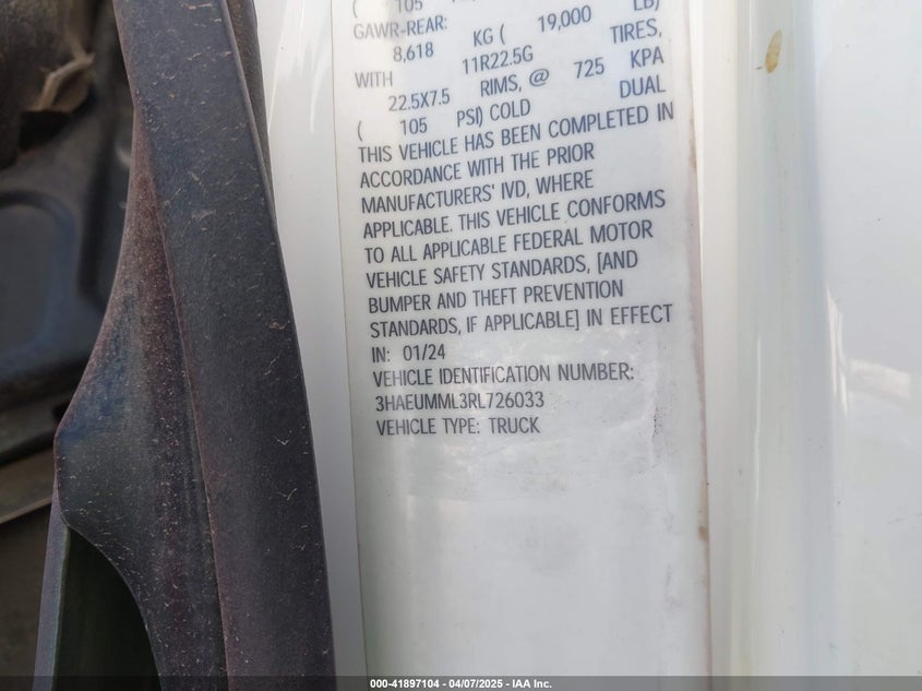 2024 International Mv VIN: 3HAEUMML3RL726033 Lot: 41897104