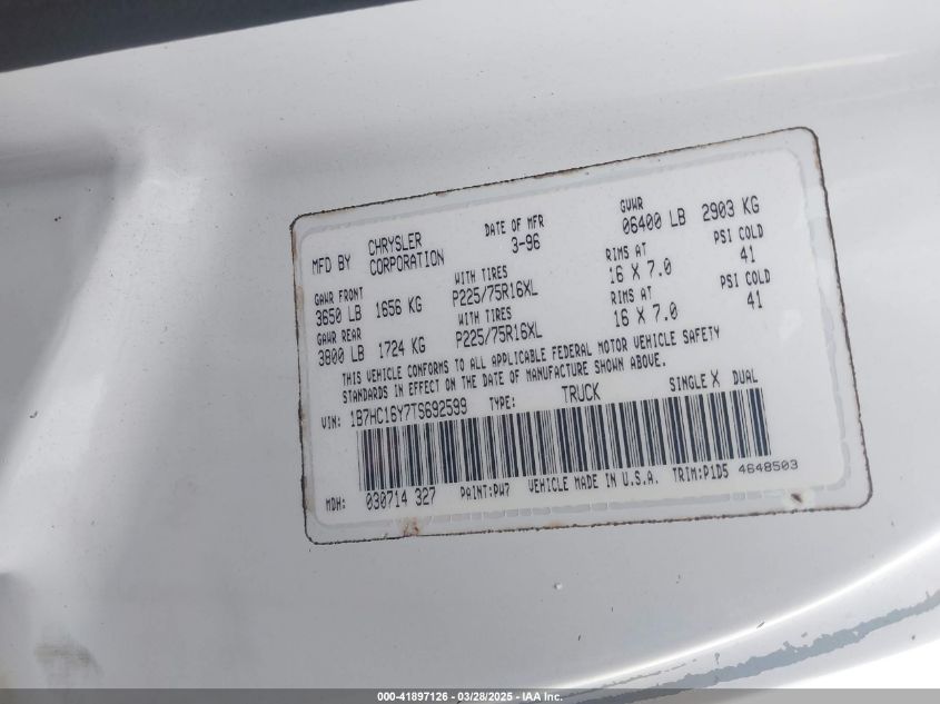 1996 Dodge Ram 1500 VIN: 1B7HC16Y7TS692599 Lot: 41897126