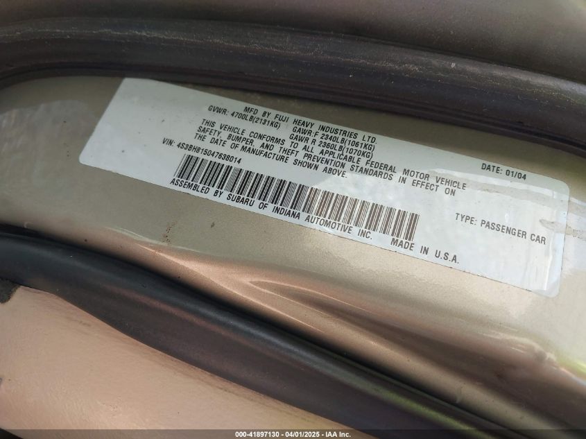 2004 Subaru Outback H6-3.0 W/35Th Anniversary Edition VIN: 4S3BH815047638014 Lot: 41897130