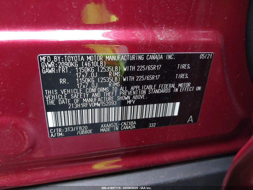 2021 TOYOTA RAV4 LE - 2T3H1RFV0MW152093