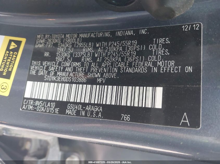 2013 Toyota Highlander Limited V6 VIN: 5TDYK3EH0DS103886 Lot: 41897229