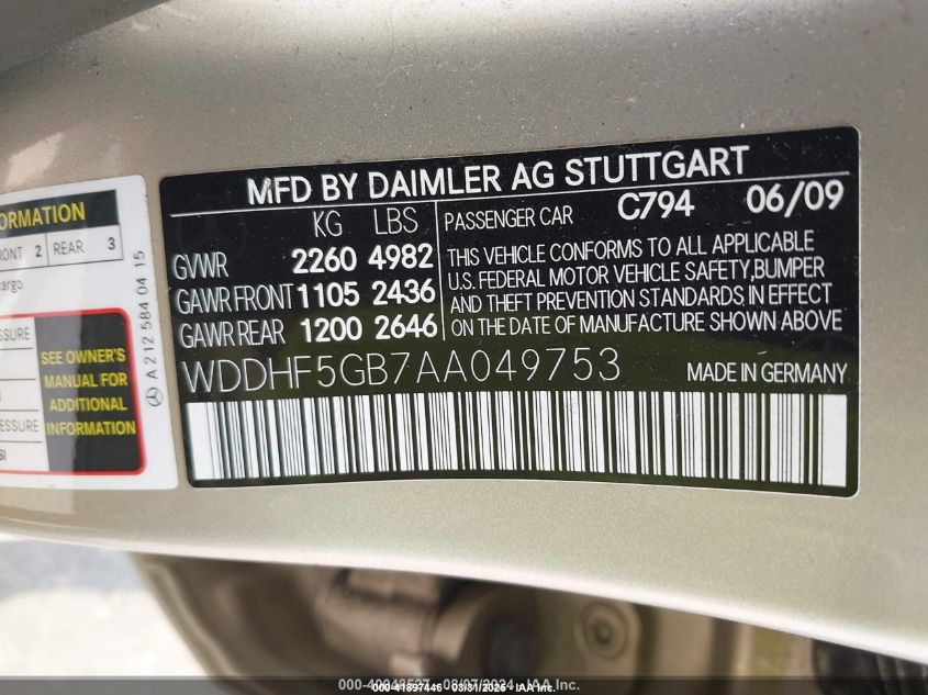 2010 Mercedes-Benz E 350 VIN: WDDHF5GB7AA049753 Lot: 41897446