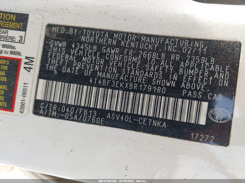 2011 TOYOTA CAMRY VIN: 4T4BF3EKXBR179180