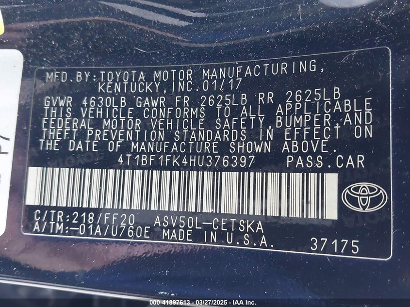 2017 TOYOTA CAMRY VIN: 4T1BF1FK4HU376397