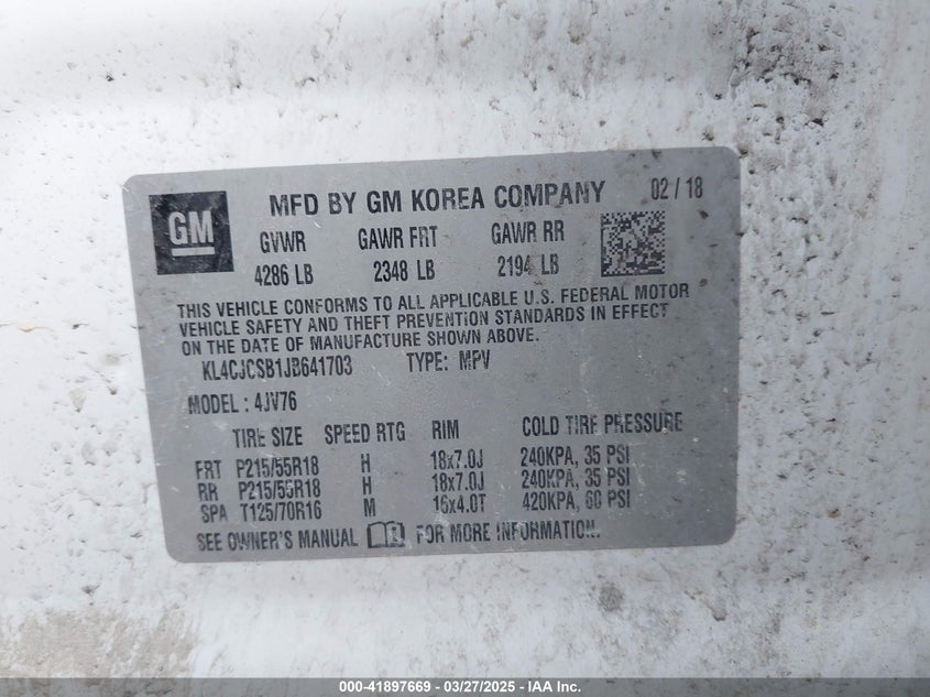2018 BUICK ENCORE VIN: KL4CJCSB1JB641703