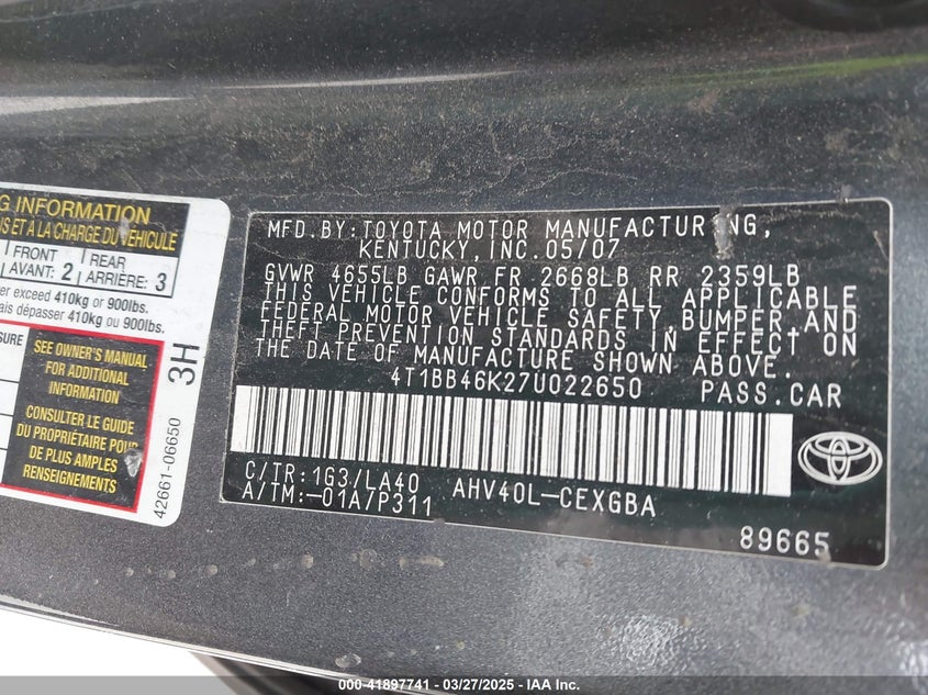 2007 TOYOTA CAMRY VIN: 4T1BB46K27U022650