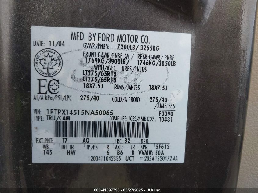 2005 Ford F-150 Fx4/Lariat/Xl/Xlt VIN: 1FTPX14515NA50065 Lot: 41897798